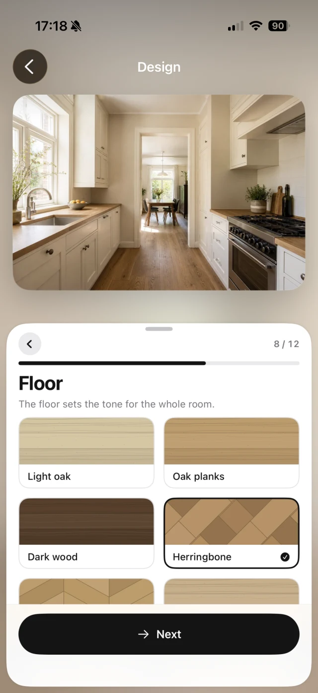Choosing materials and colours for the kitchen floor in the app