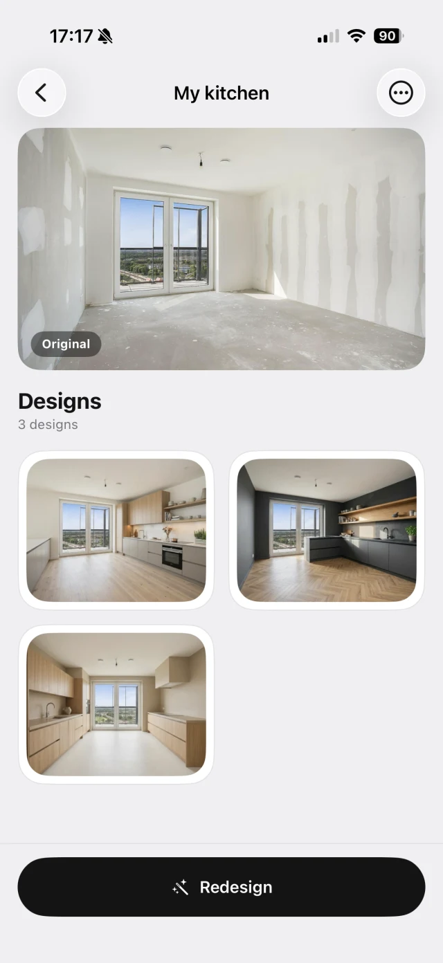 Saved kitchen designs side by side in the app