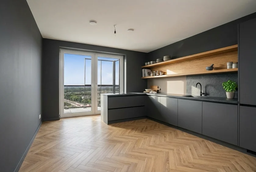 Kitchen design in the same room with matt anthracite fronts, oak shelving and a herringbone floor