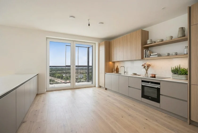 Kitchen design in the same room with light fronts, oak wall units and a marble-look backsplash