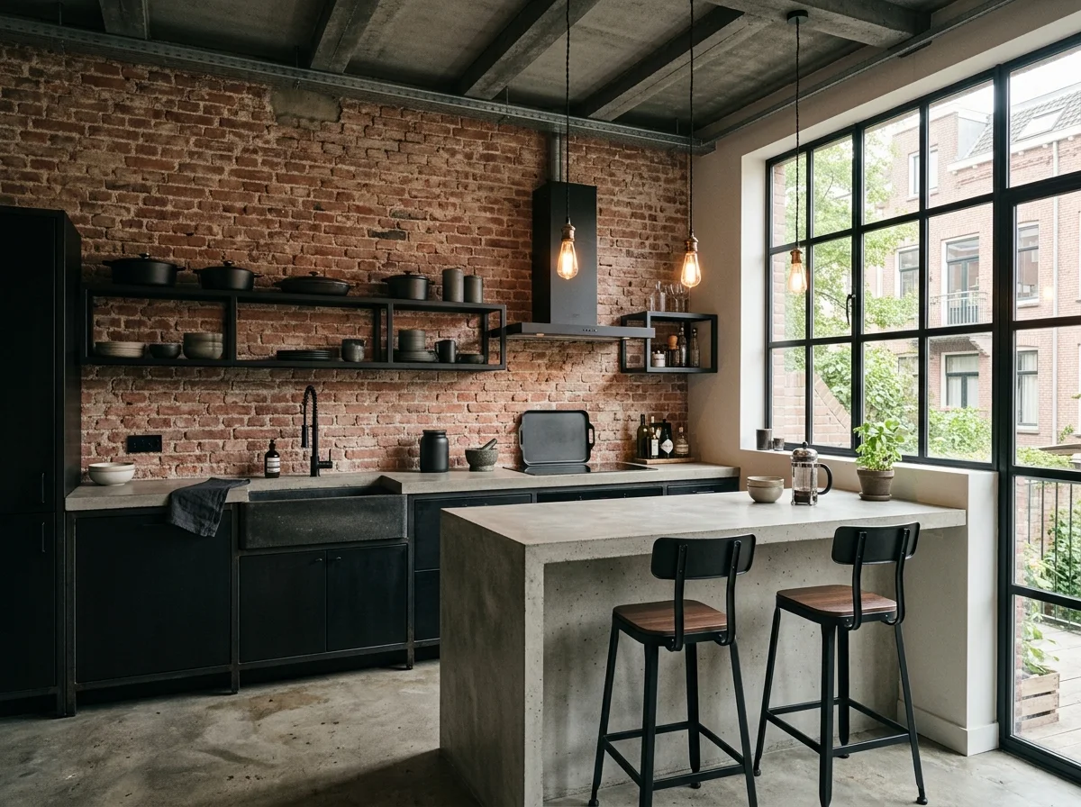 Industrial kitchen with dark fronts and steel