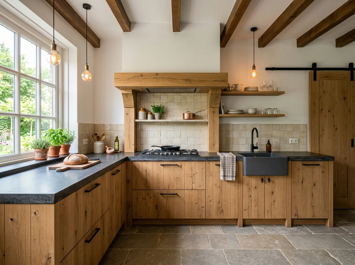 Country kitchen with shaker fronts and a wooden countertop