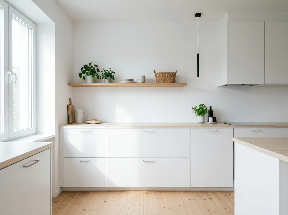 Scandinavian kitchen with light wood and white fronts